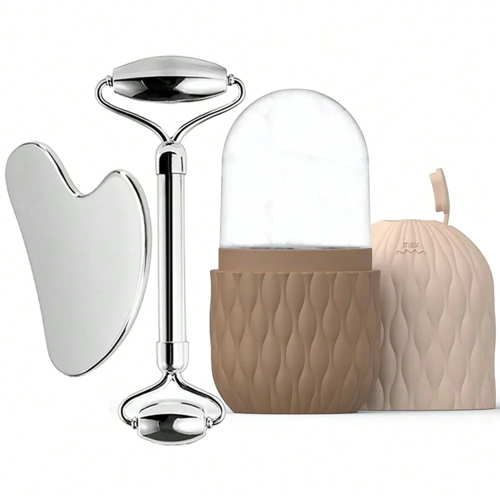 Rodillo de hielo facial y juego de herramientas Gua Sha de acero inoxidable, masajeador facial, rodillo de hielo, herramienta para el cuidado de la piel, set de belleza, herramienta de contorno y lifting.