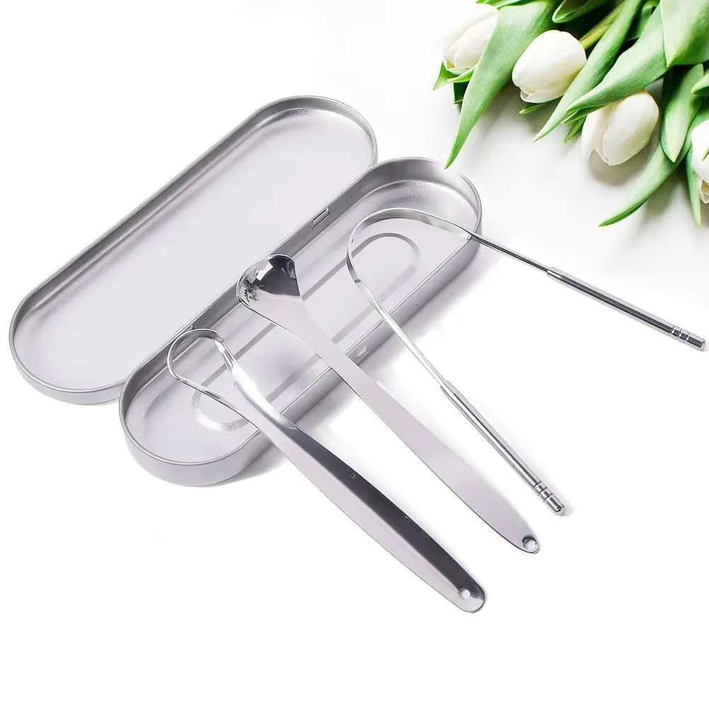 Tongue Scraper for Adults 3 Pcs Metal Tongue Cleaner with Silver Storage Case Stainless Steel Mouth Scrubber for Fresh Breath
