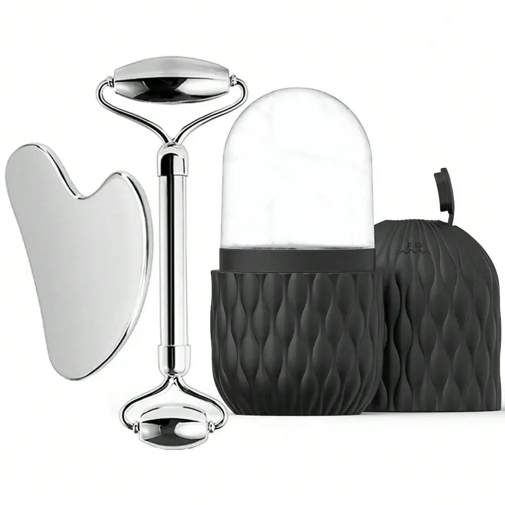 Rodillo de hielo facial y juego de herramientas Gua Sha de acero inoxidable, masajeador facial, rodillo de hielo, herramienta para el cuidado de la piel, set de belleza, herramienta de contorno y lifting.