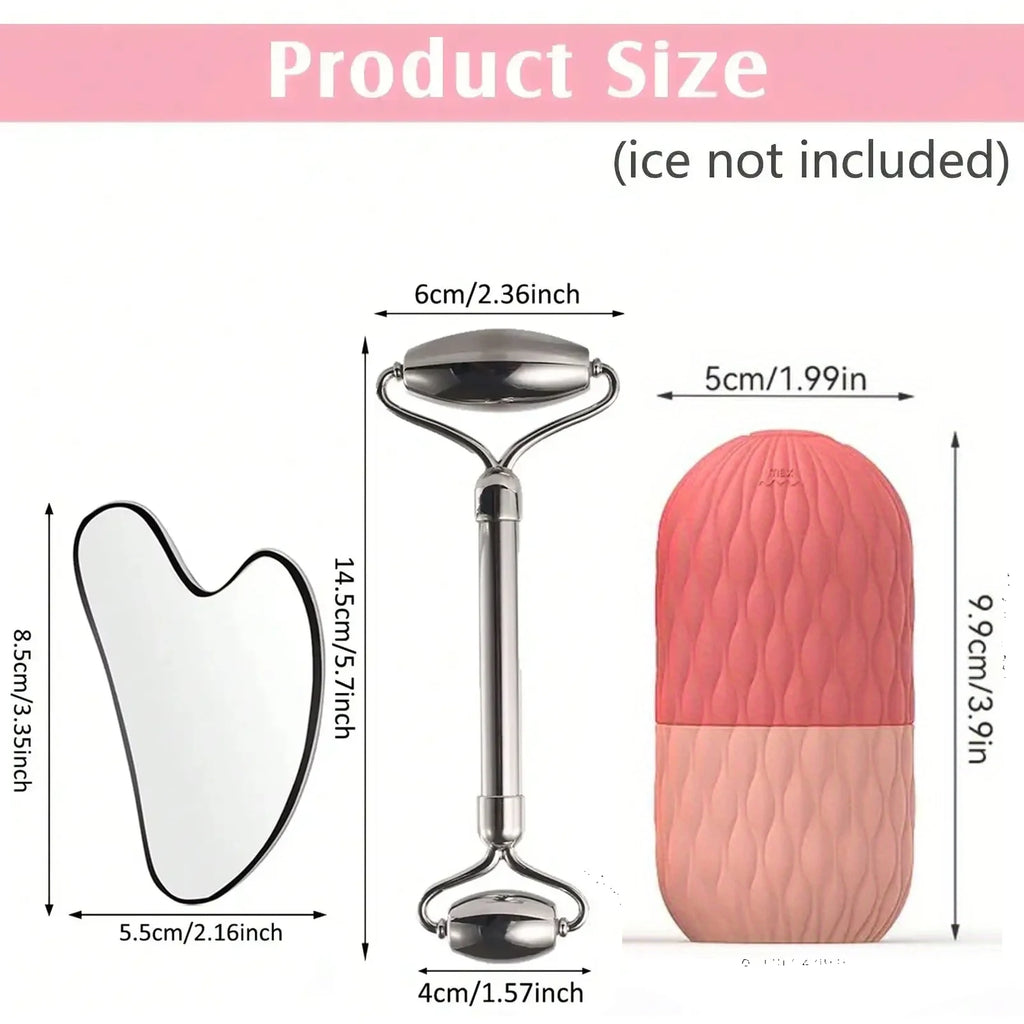 Rodillo de hielo facial y juego de herramientas Gua Sha de acero inoxidable, masajeador facial, rodillo de hielo, herramienta para el cuidado de la piel, set de belleza, herramienta de contorno y lifting.