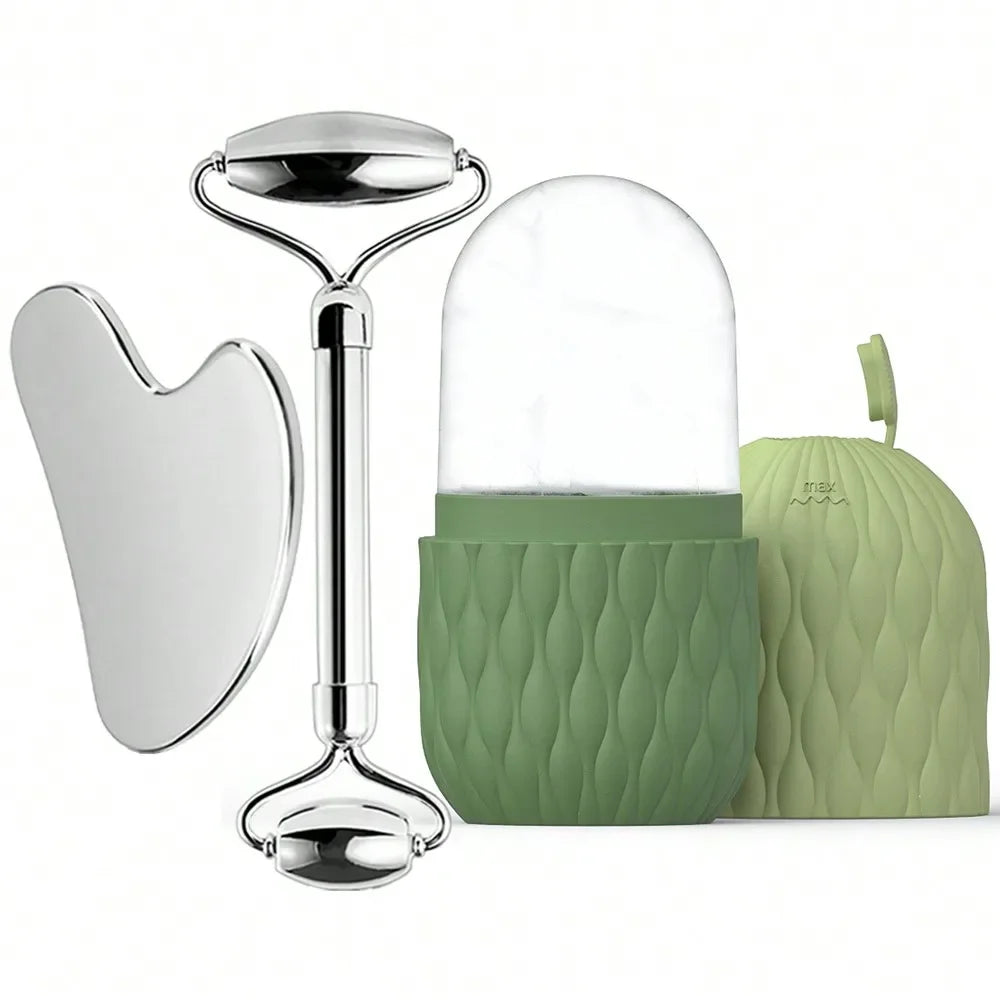 Rodillo de hielo facial y juego de herramientas Gua Sha de acero inoxidable, masajeador facial, rodillo de hielo, herramienta para el cuidado de la piel, set de belleza, herramienta de contorno y lifting.