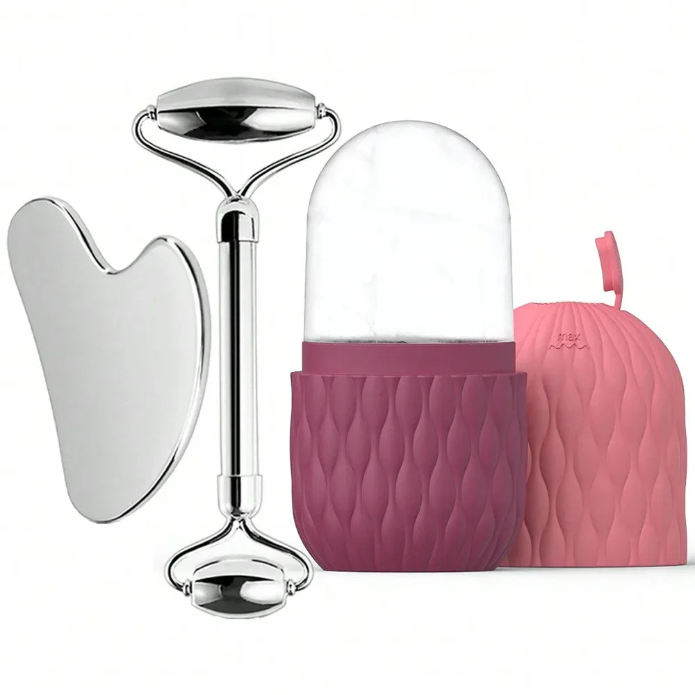 Rodillo de hielo facial y juego de herramientas Gua Sha de acero inoxidable, masajeador facial, rodillo de hielo, herramienta para el cuidado de la piel, set de belleza, herramienta de contorno y lifting.