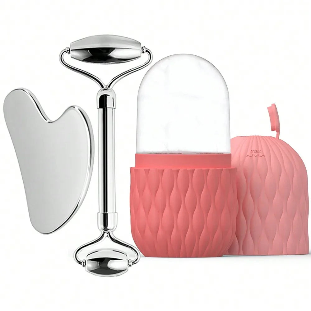Rodillo de hielo facial y juego de herramientas Gua Sha de acero inoxidable, masajeador facial, rodillo de hielo, herramienta para el cuidado de la piel, set de belleza, herramienta de contorno y lifting.