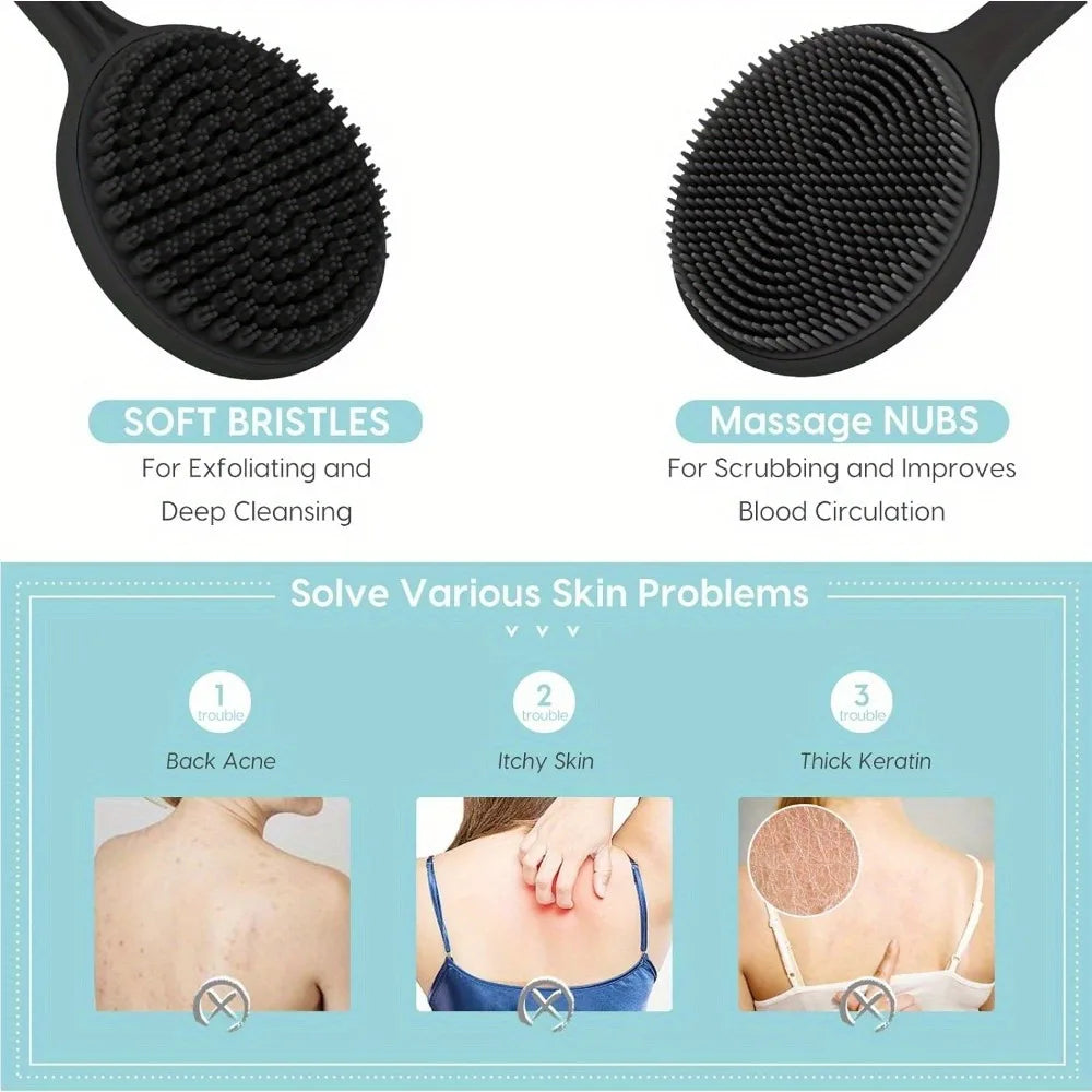 Cepillo de silicona para la espalda, para ducha, mango largo, limpieza profunda corporal y exfoliante, masaje de doble cara, suave B