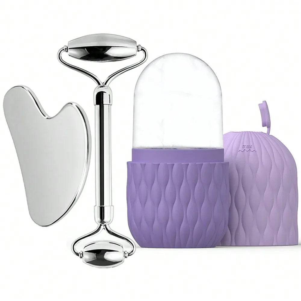 Rodillo de hielo facial y juego de herramientas Gua Sha de acero inoxidable, masajeador facial, rodillo de hielo, herramienta para el cuidado de la piel, set de belleza, herramienta de contorno y lifting.