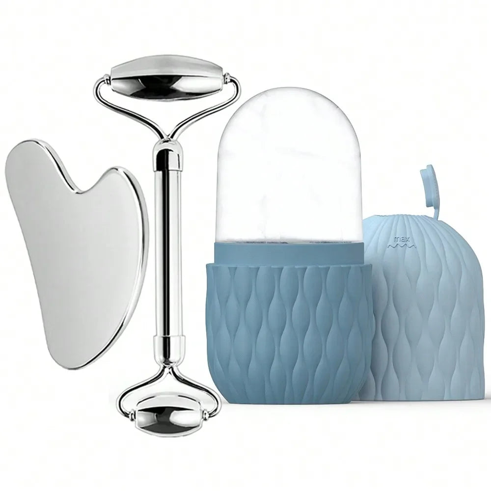 Rodillo de hielo facial y juego de herramientas Gua Sha de acero inoxidable, masajeador facial, rodillo de hielo, herramienta para el cuidado de la piel, set de belleza, herramienta de contorno y lifting.